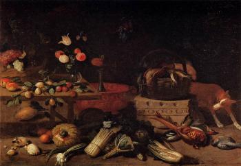 Jan Van Kessel : Interior of a Kitchen with a Dog